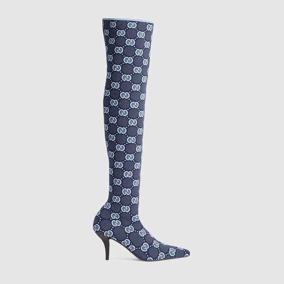 Gucci Knee High Boots 37/ US 7 GG Supreme Blue Knit Socks Pull On NIB - Picture 3 of 13